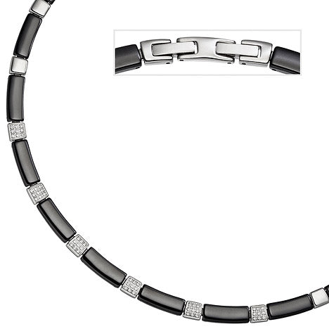 Collier Halskette aus schwarzer Keramik mit Edelstahl und Zirkonia 47 cm Kette