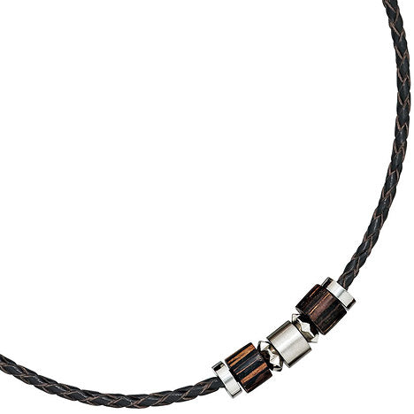 Collier Halskette Leder schwarz mit Edelstahl und Holz 45 cm Kette Lederkette