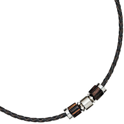 Collier Halskette Leder schwarz mit Edelstahl und Holz 45 cm Kette Lederkette