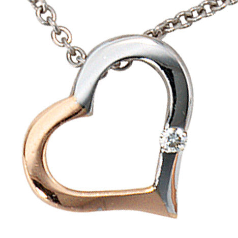 Collier Kette mit Anhänger Herz 585 Gold bicolor 1 Diamant Brillant 42 cm
