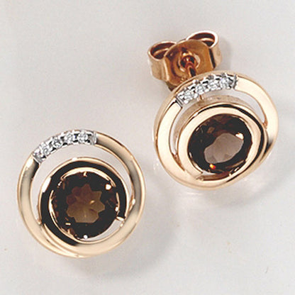 Ohrstecker rund 585 Gold Rotgold 8 Diamanten Brillanten 2 Rauchquarze braun Ohrr