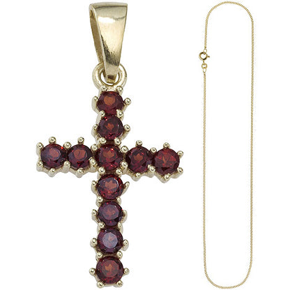 Anhänger Kreuz 333 Gold Gelbgold 11 Granate rot mit Kette 45 cm