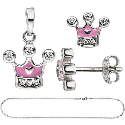 Kinder Mädchen Schmuck-Set Krone pink rosa 925 Silber Zirkonia mit Kette 42 cm
