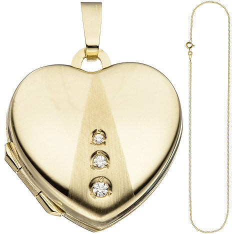 Medaillon Herz Anhänger zum Öffnen für Fotos 333 Gold 3 Zirkonia mit Kette 45 cm