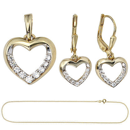 Schmuck-Set 333 Herz Gold Gelbgold Zirkonia Ohrringe Anhänger und Kette 42 cm