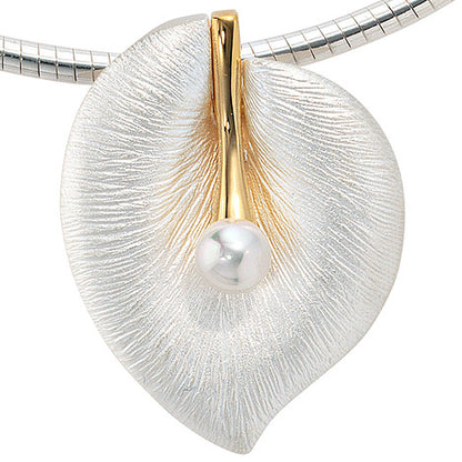 Anhänger Blatt 925 Silber bicolor mattiert 1 Süßwasser Perle Perlenanhänger