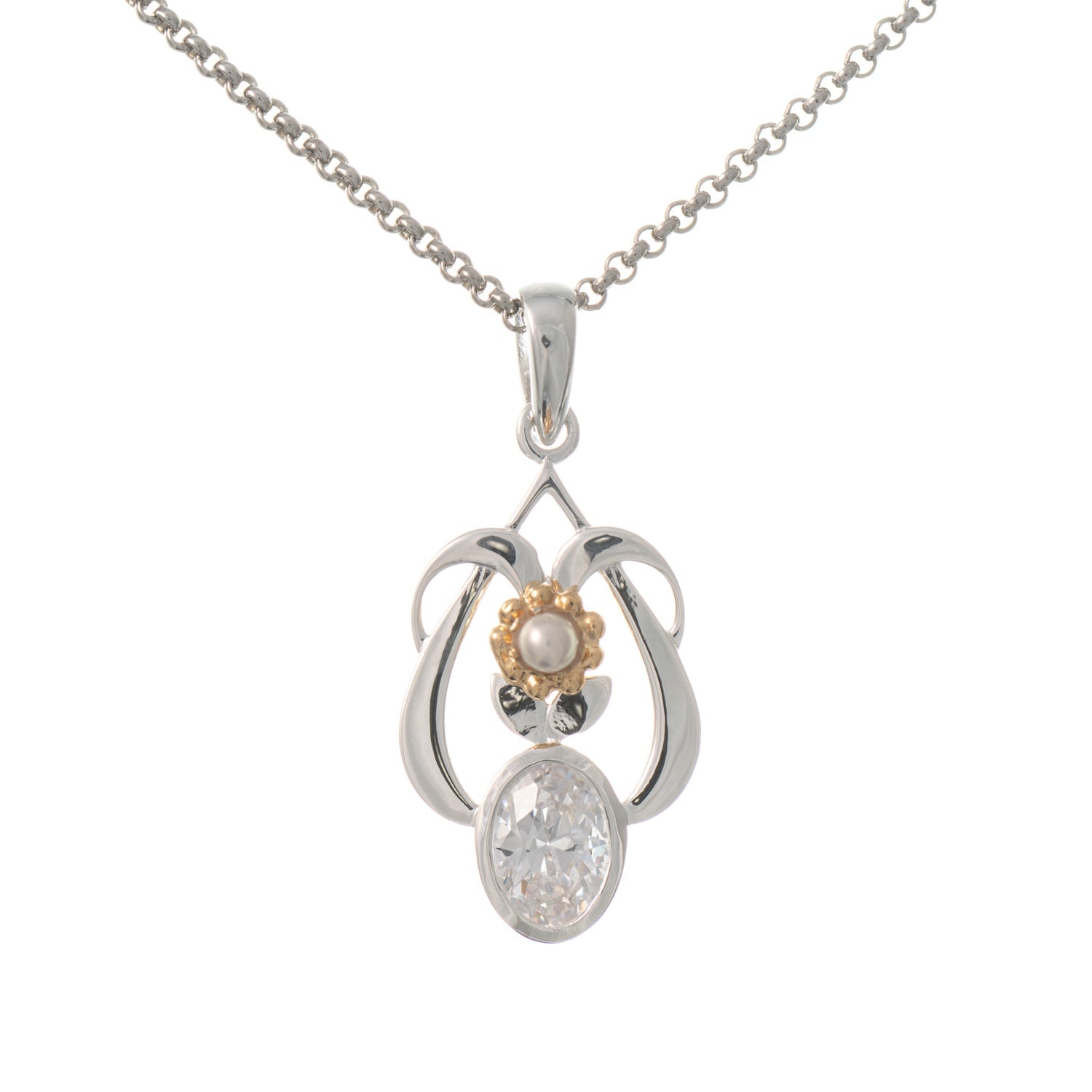 Anhänger mit Kette 925 Silber teilvergoldet Zirkonia weiss Perle