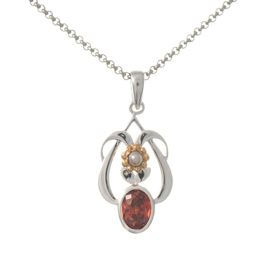 Anhänger mit Kette 925 Silber teilvergoldet Zirkonia rot Perle