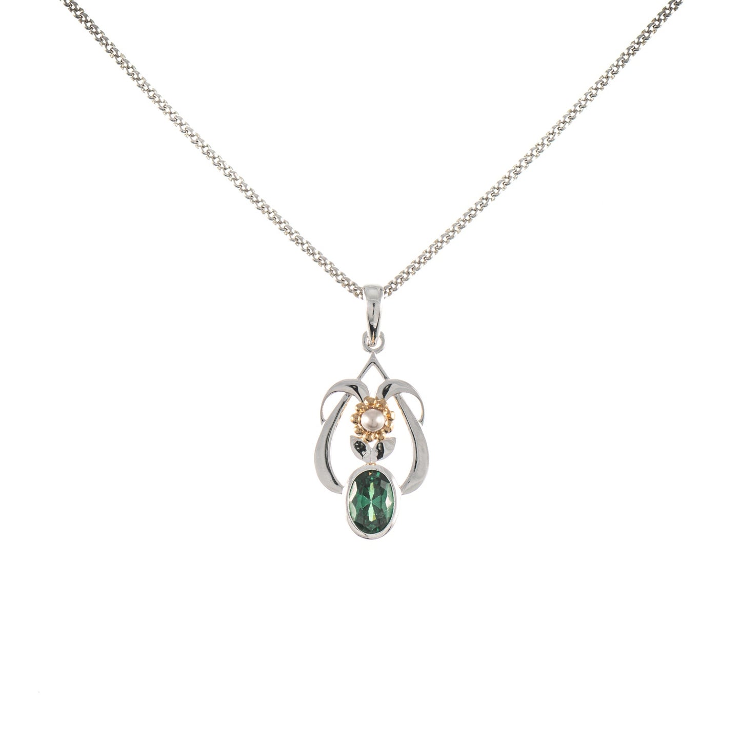 Anhänger mit Kette 925 Silber teilvergoldet Zirkonia grün Perle