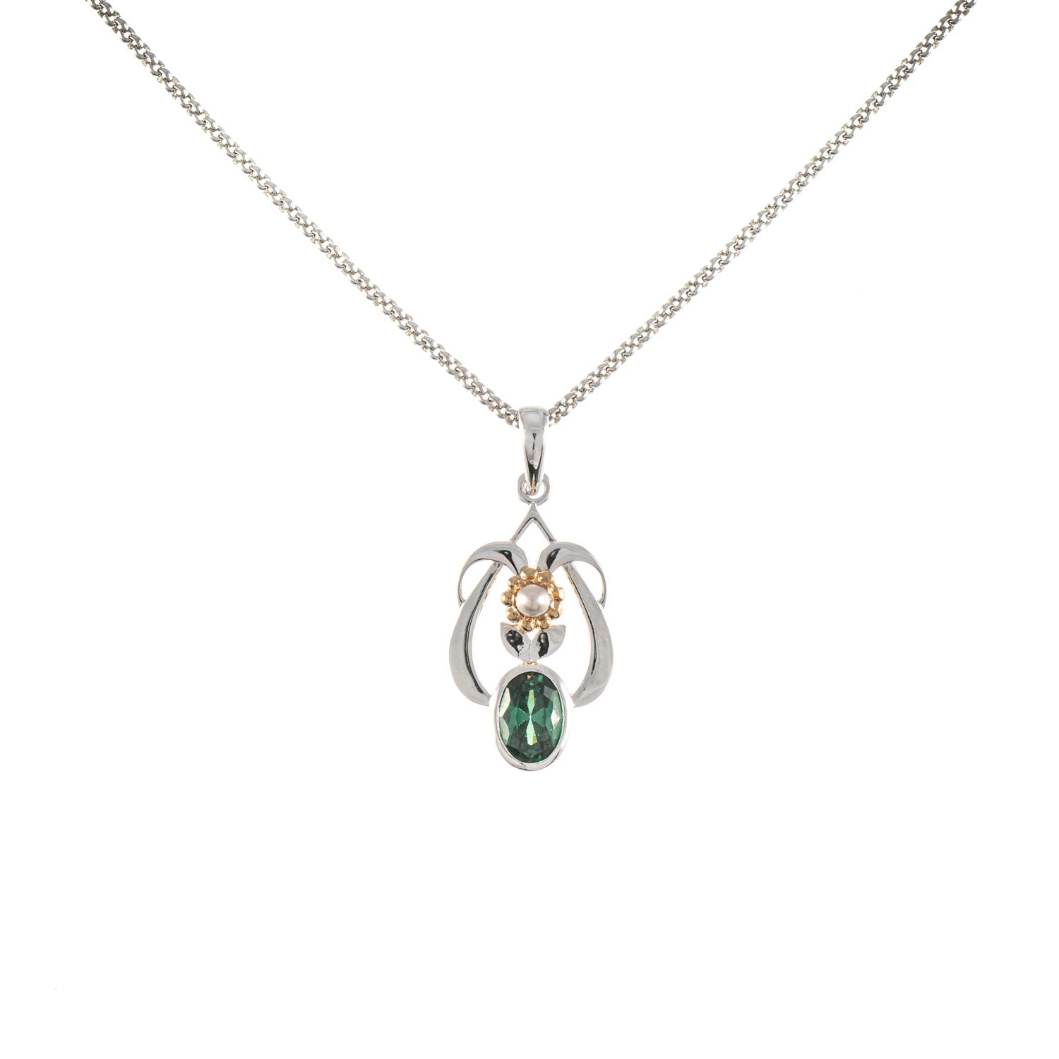 Anhänger mit Kette 925 Silber teilvergoldet Zirkonia grün Perle