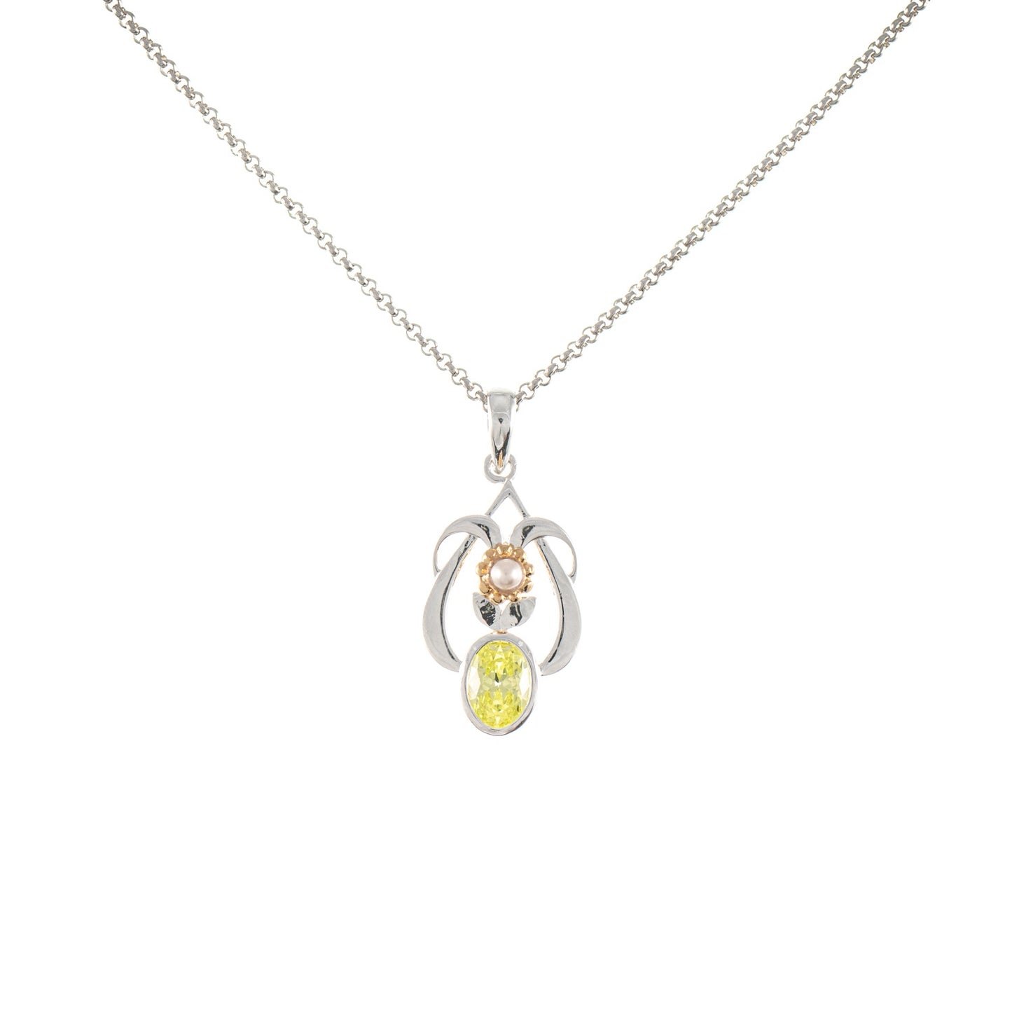 Anhänger mit Kette 925 Silber teilvergoldet Zirkonia hellgrün Perle