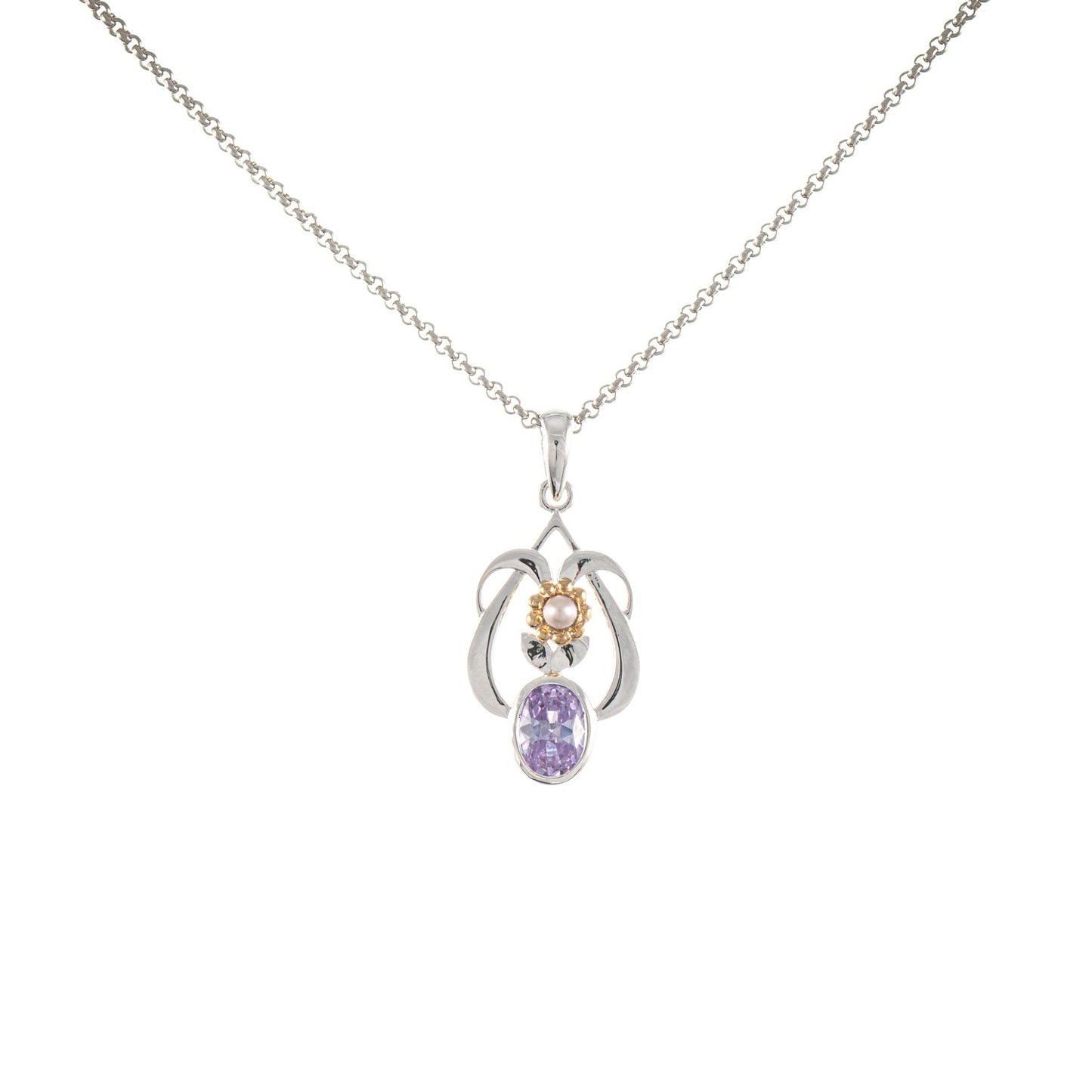 Anhänger mit Kette 925 Silber teilvergoldet Zirkonia flieder Perle