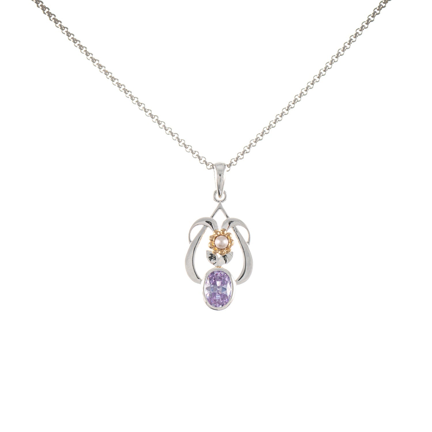 Anhänger mit Kette 925 Silber teilvergoldet Zirkonia flieder Perle