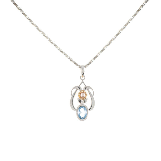 Anhänger mit Kette 925 Silber teilvergoldet Zirkonia hellblau Perle