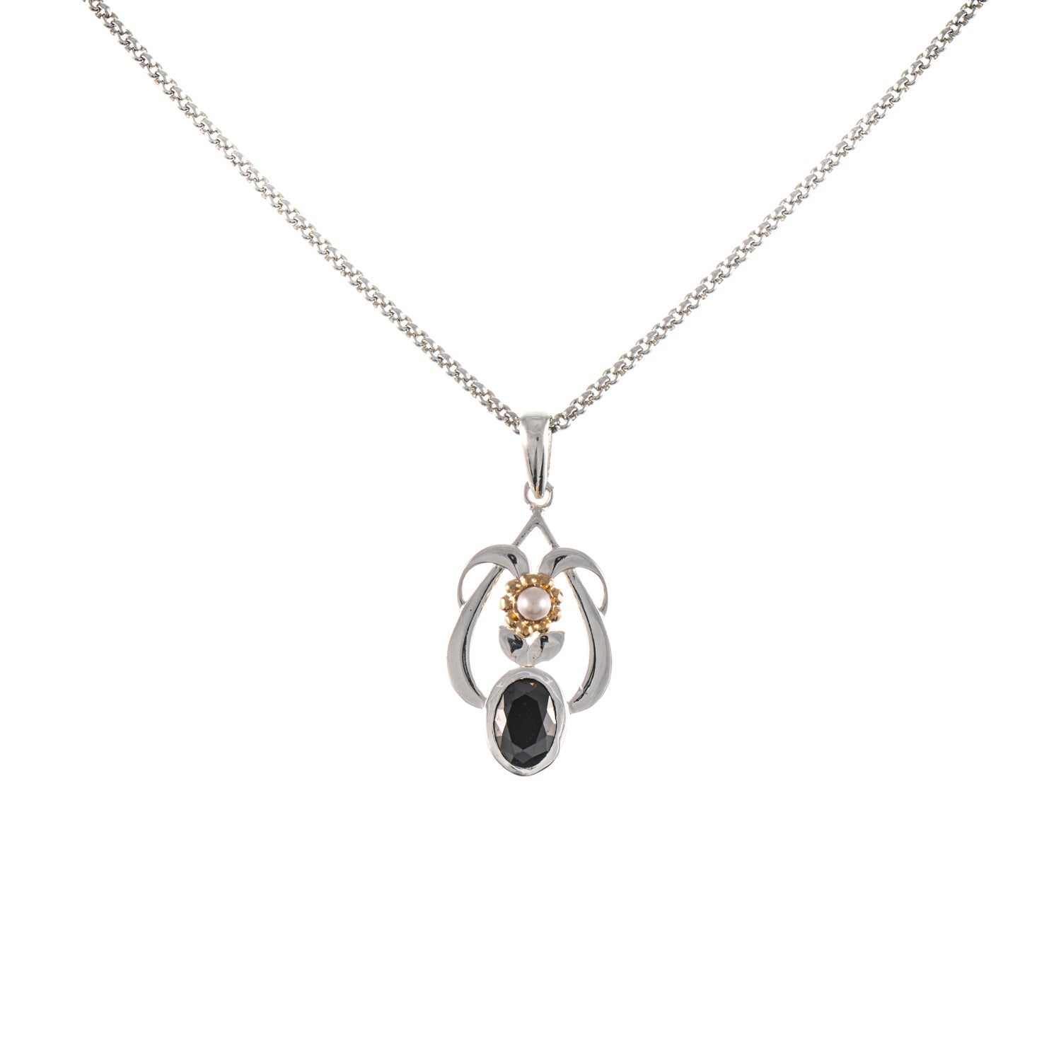 Anhänger mit Kette 925 Silber teilvergoldet Zirkonia schwarz Perle