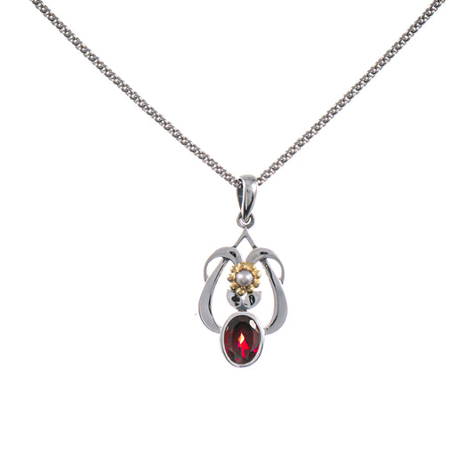 Anhänger mit Kette 925 Silber geschwärzt Granat Perle