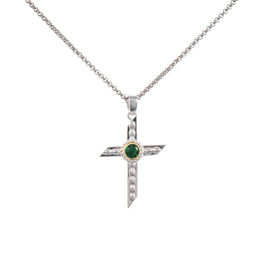 Anhänger Kreuz mit Kette 925 Silber teilvergoldet Zirkonia grün