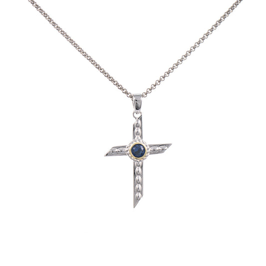 Anhänger Kreuz mit Kette 925 Silber teilvergoldet Zirkonia blau