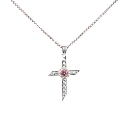 Anhänger Kreuz mit Kette 925 Silber teilvergoldet Zirkonia rosa