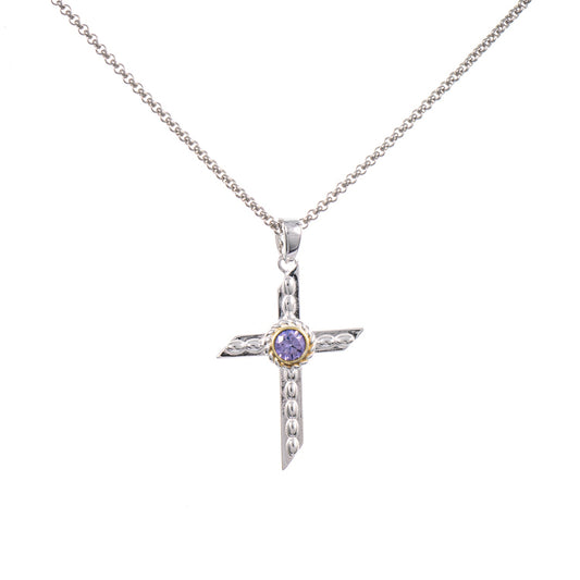 Anhänger Kreuz mit Kette 925 Silber teilvergoldet Zirkonia flieder