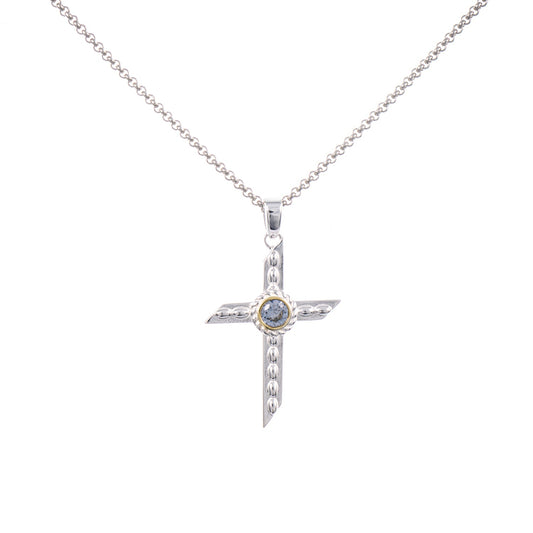 Anhänger Kreuz mit Kette 925 Silber teilvergoldet Zirkonia hellblau