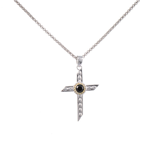 Anhänger Kreuz mit Kette 925 Silber teilvergoldet Zirkonia schwarz