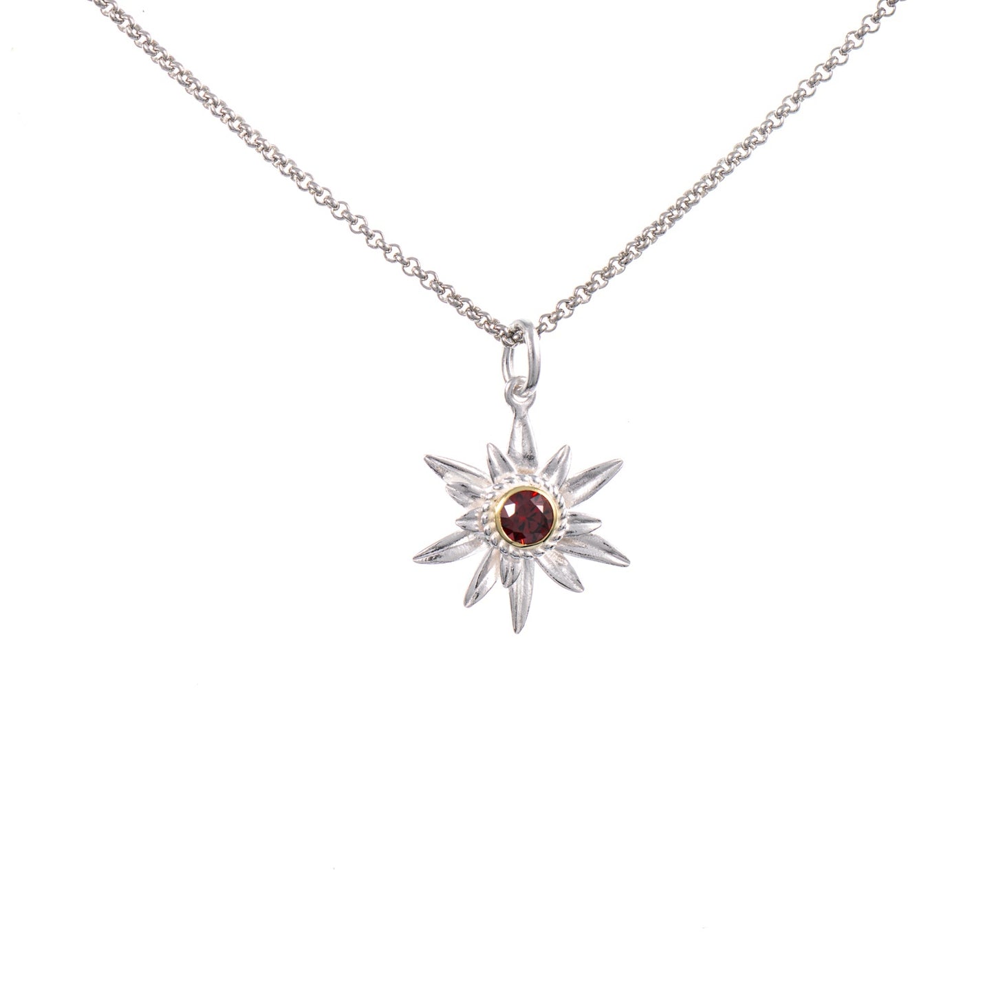 Anhänger Edelweiss mit Kette 925 Silber teilvergoldet Zirkonia rot