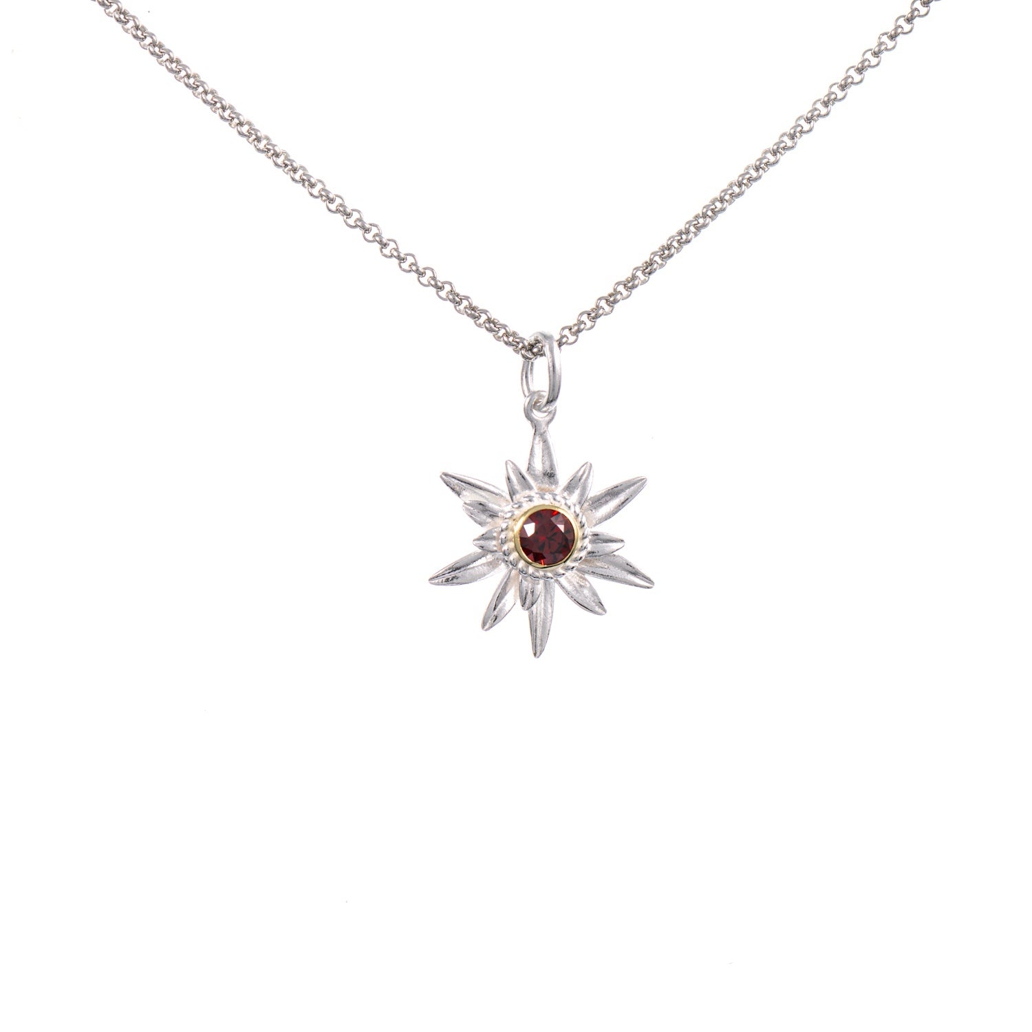 Anhänger Edelweiss mit Kette 925 Silber teilvergoldet Zirkonia rot