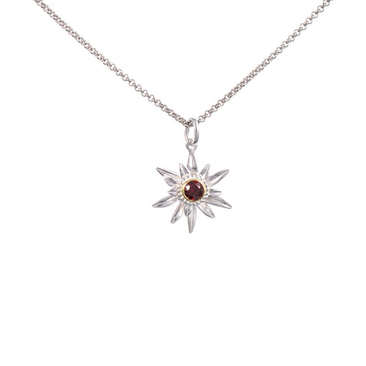 Anhänger Edelweiss mit Kette 925 Silber teilvergoldet Zirkonia rot
