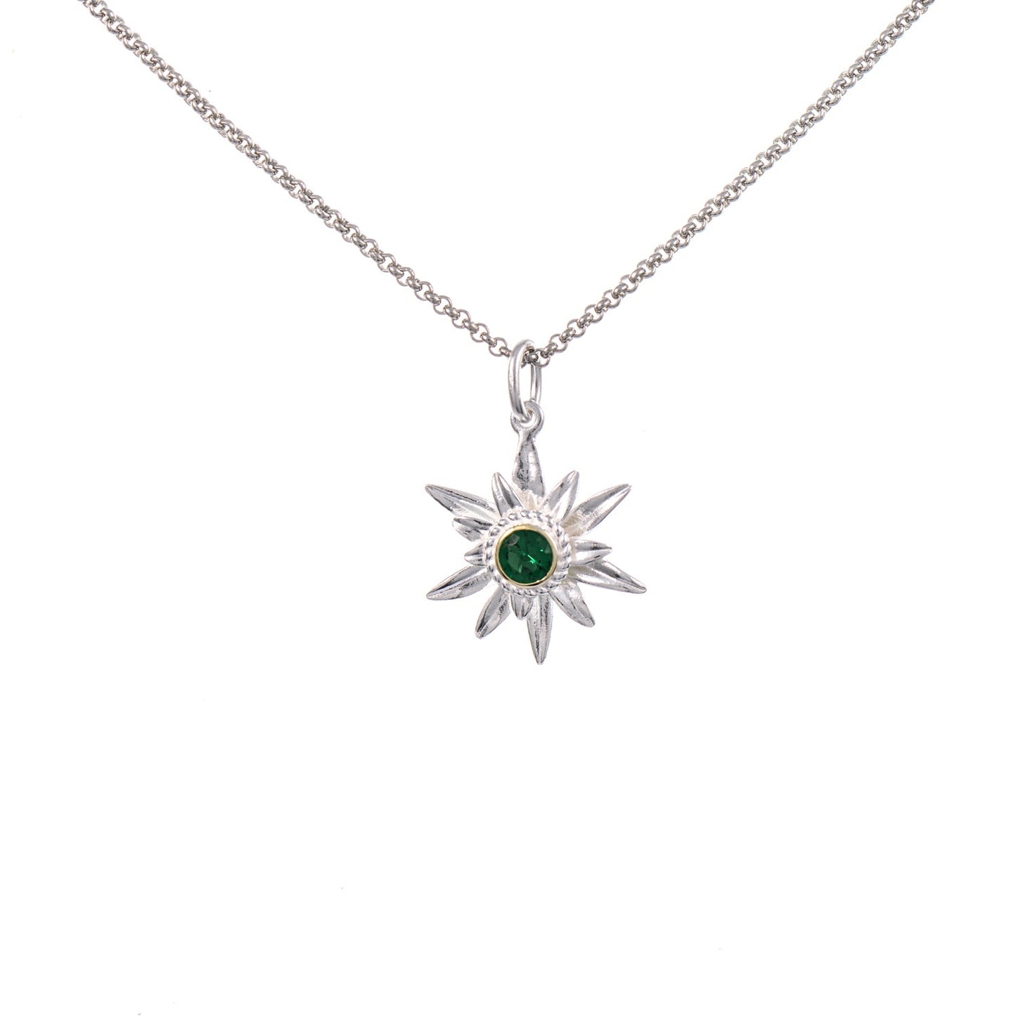 Anhänger Edelweiss mit Kette 925 Silber teilvergoldet Zirkonia grün