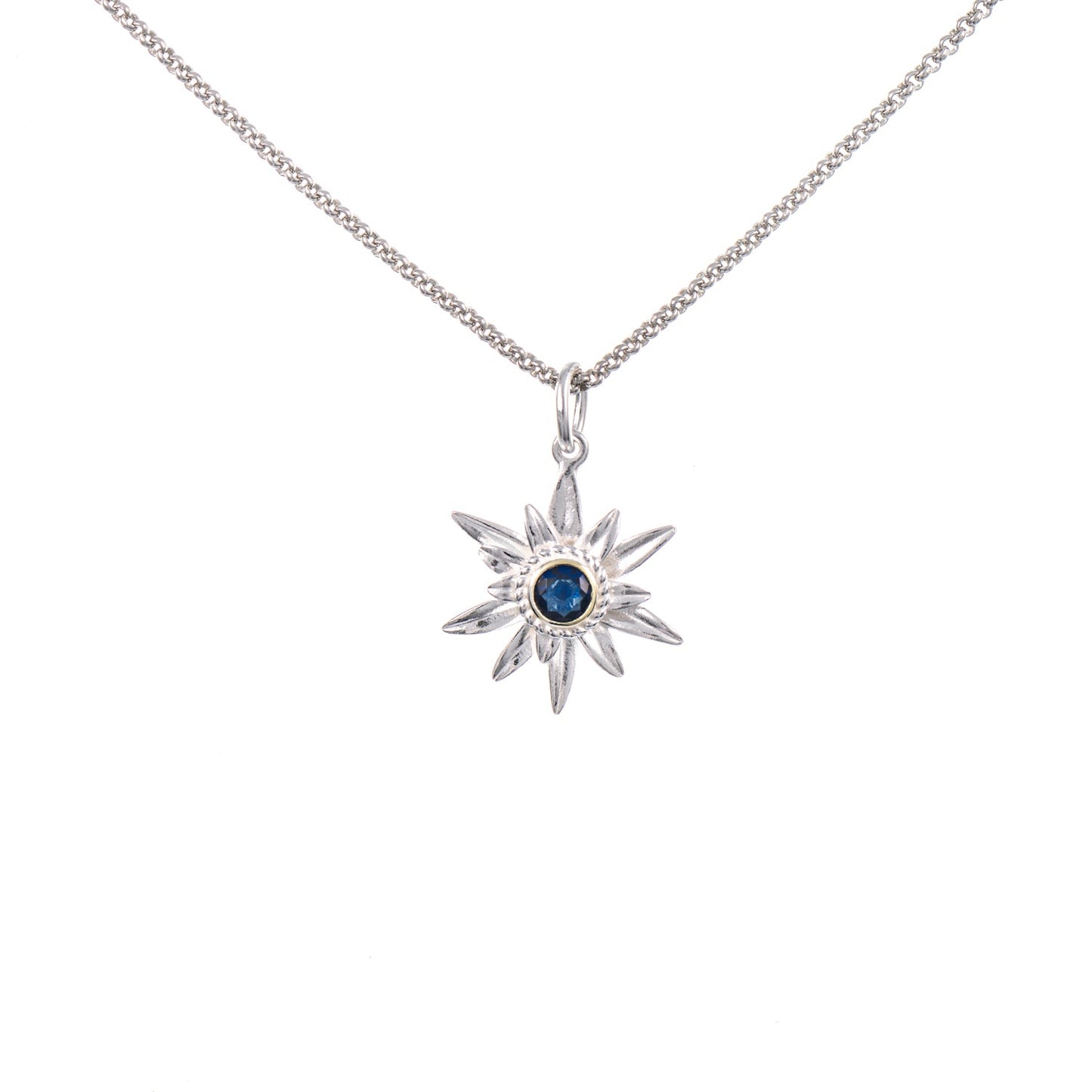 Anhänger Edelweiss mit Kette 925 Silber teilvergoldet Zirkonia blau
