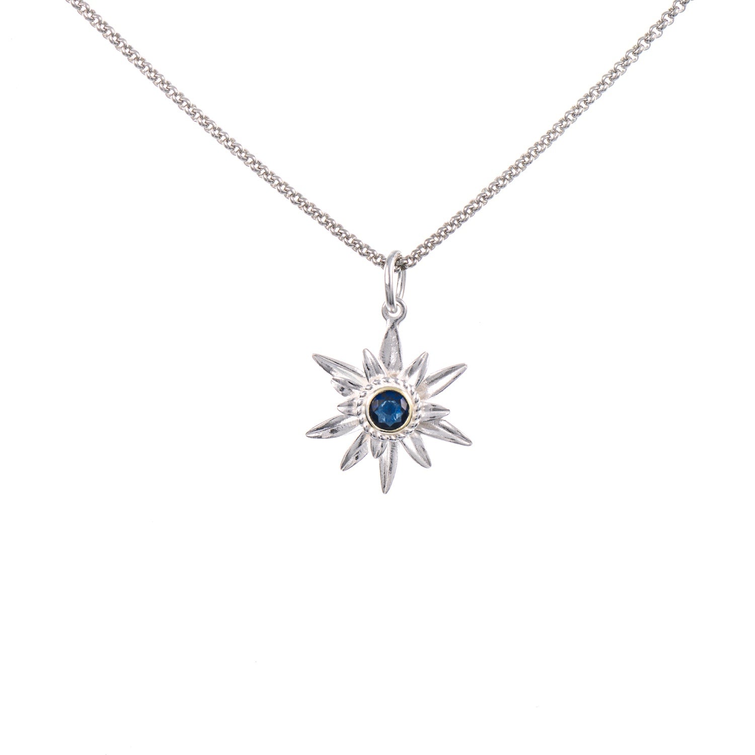 Anhänger Edelweiss mit Kette 925 Silber teilvergoldet Zirkonia blau