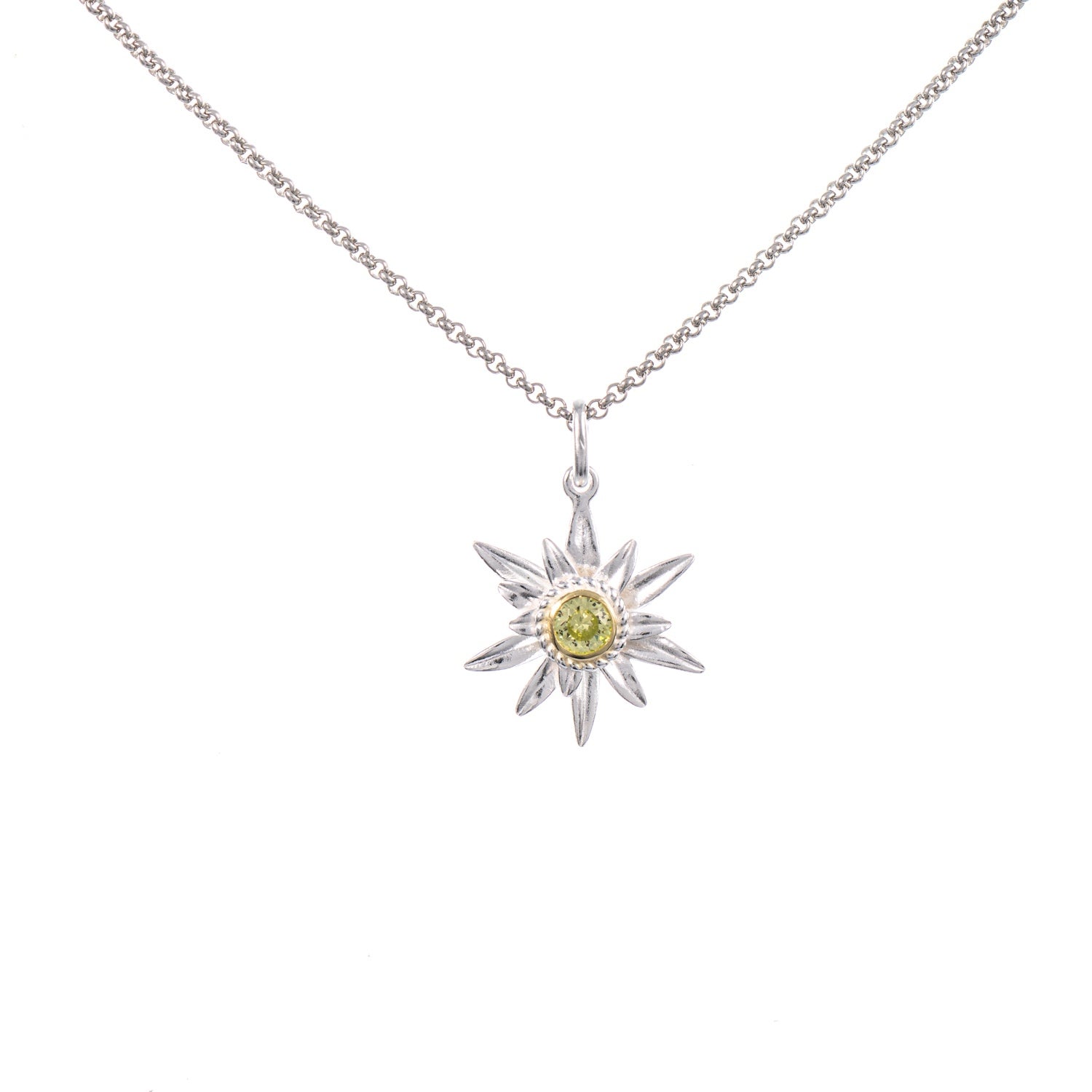 Anhänger Edelweiss mit Kette 925 Silber teilvergoldet Zirkonia hellgrün
