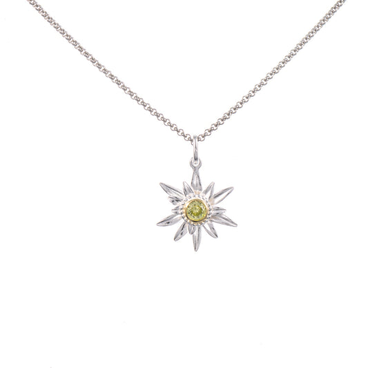 Anhänger Edelweiss mit Kette 925 Silber teilvergoldet Zirkonia hellgrün