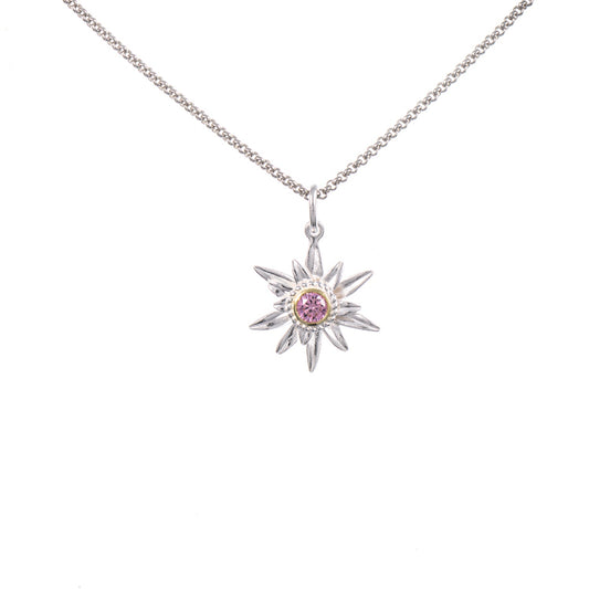 Anhänger Edelweiss mit Kette 925 Silber teilvergoldet Zirkonia rosa