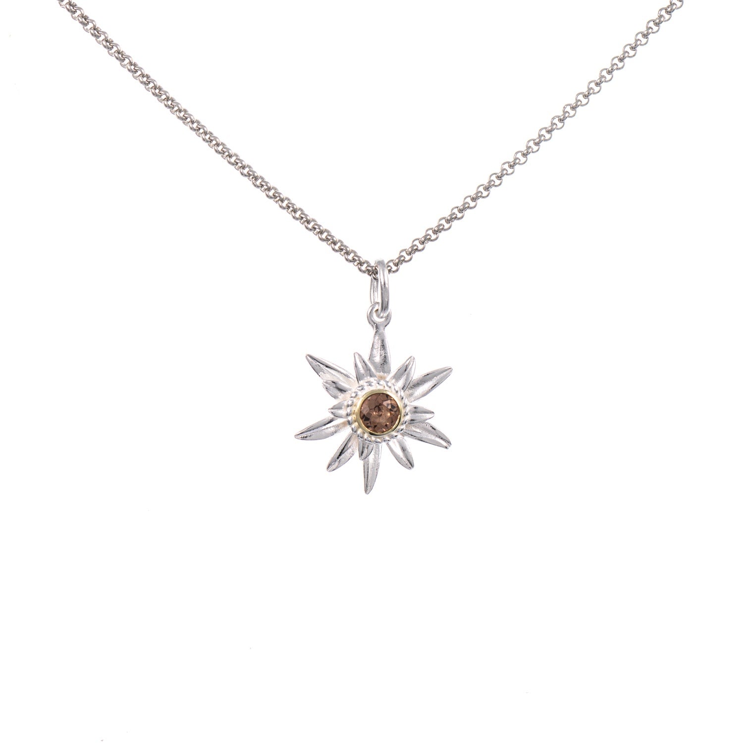Anhänger Edelweiss mit Kette 925 Silber teilvergoldet Zirkonia cognac
