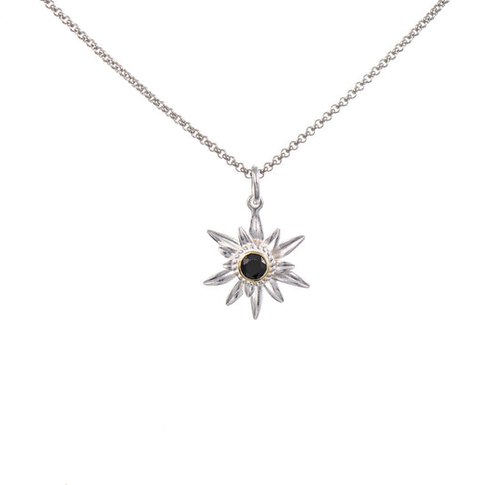 Anhänger Edelweiss mit Kette 925 Silber teilvergoldet Zirkonia schwarz