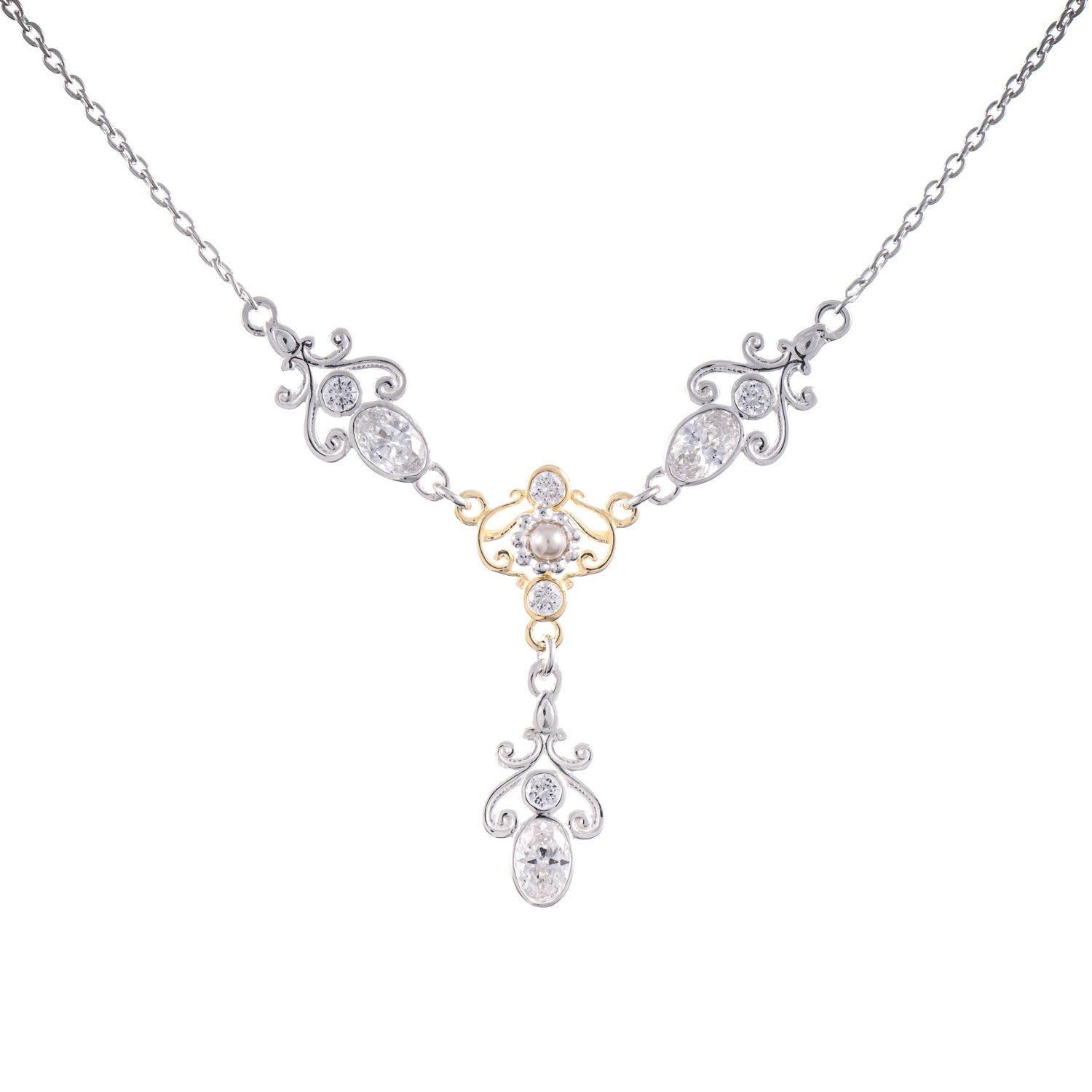 Collier 925 Silber teilvergoldet Zirkonia weiss Perle