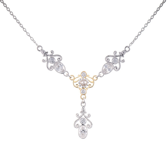Collier 925 Silber teilvergoldet Zirkonia weiss Perle