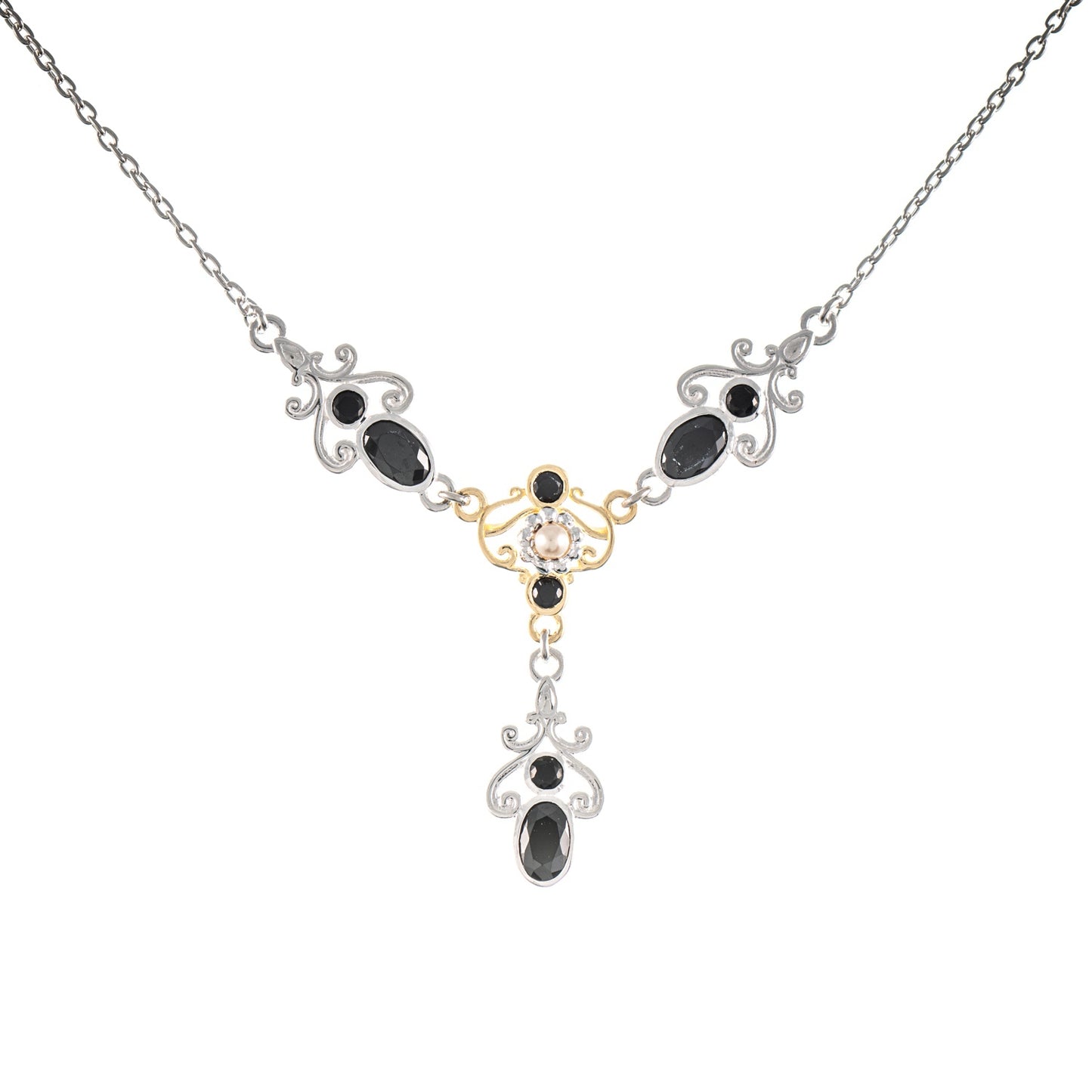 Collier 925 Silber teilvergoldet Zirkonia schwarz Perle