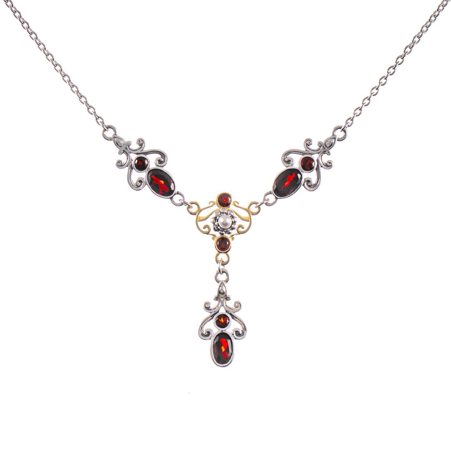 Collier 925 Silber geschwärzt teilvergoldet Granat Perle