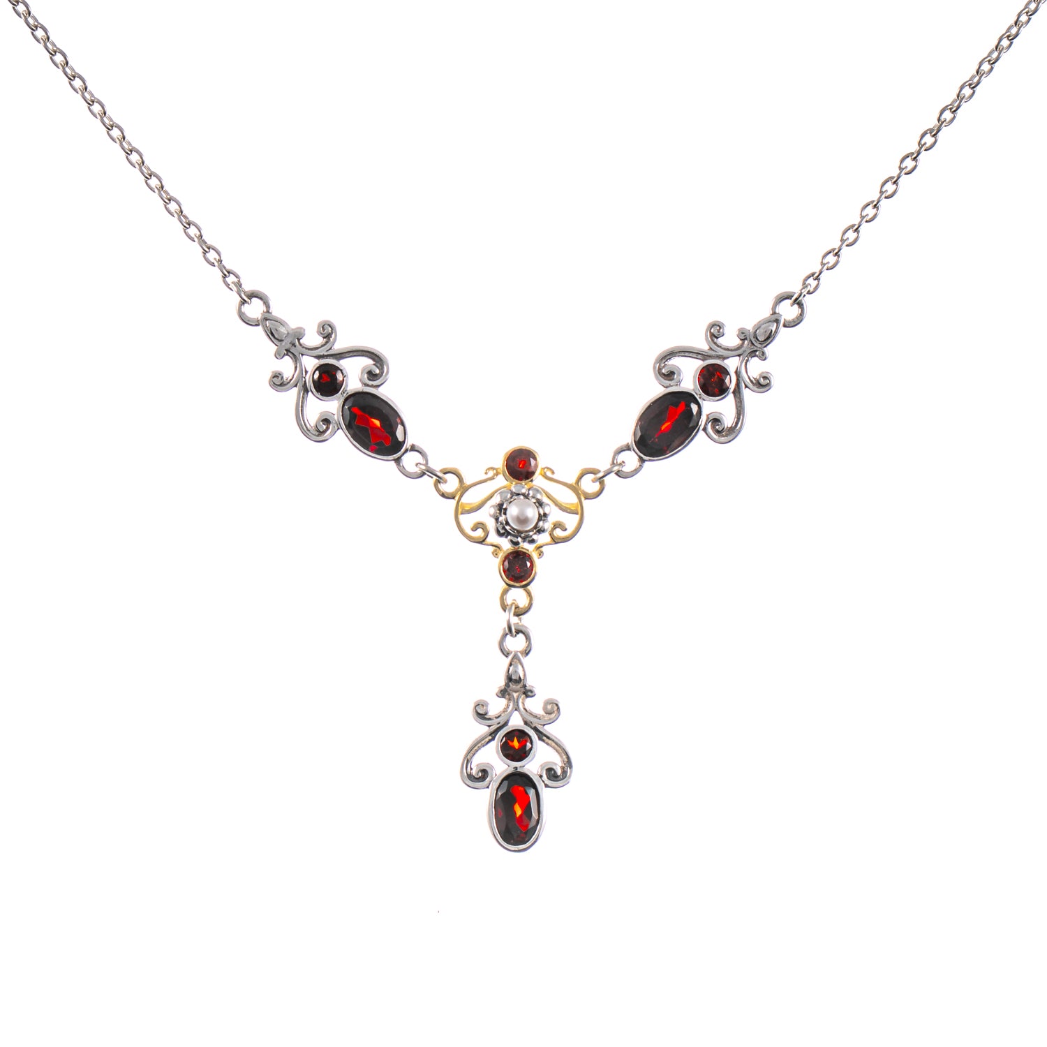 Collier 925 Silber geschwärzt teilvergoldet Granat Perle