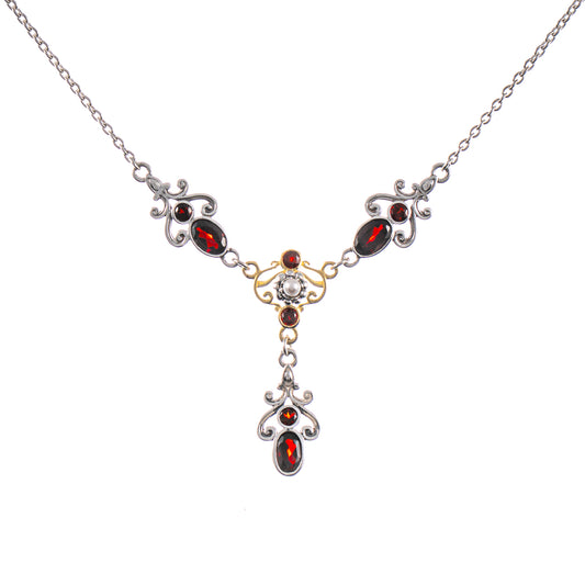 Collier 925 Silber geschwärzt teilvergoldet Granat Perle
