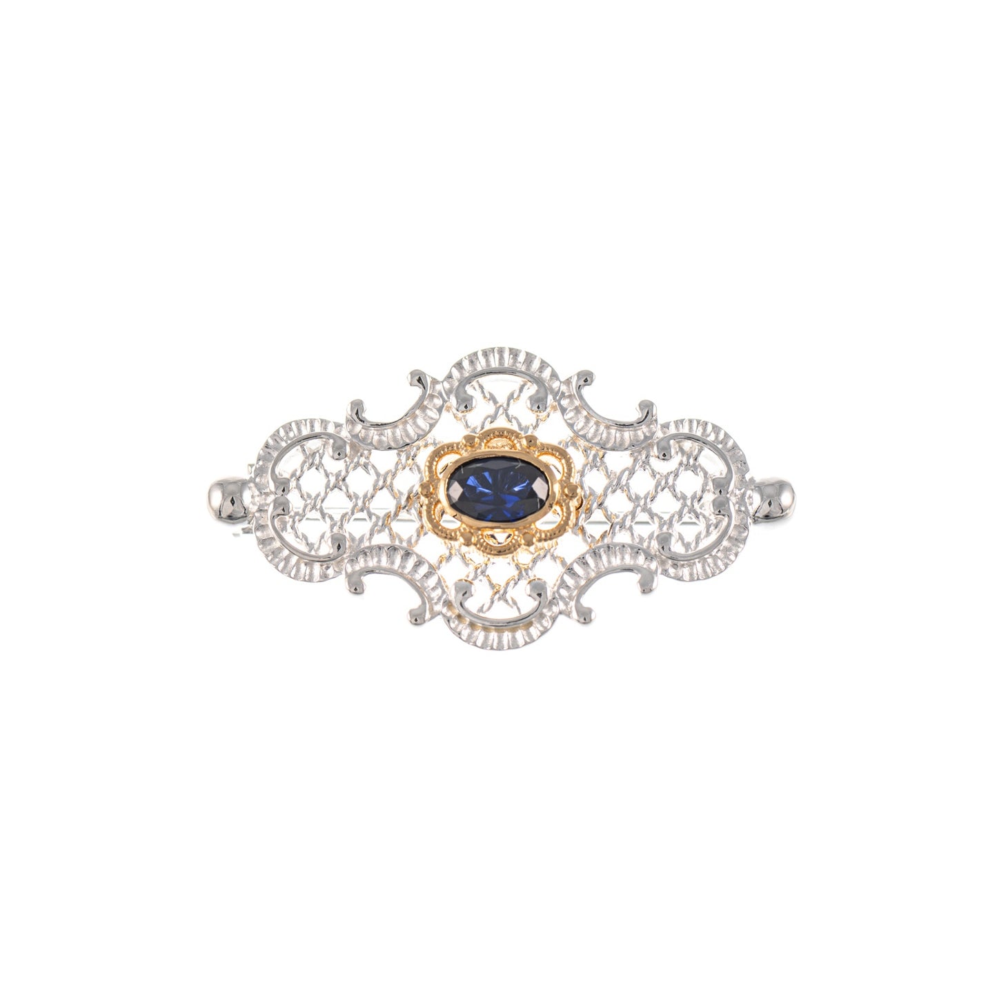 Brosche 925 Silber teilvergoldet Zirkonia blau