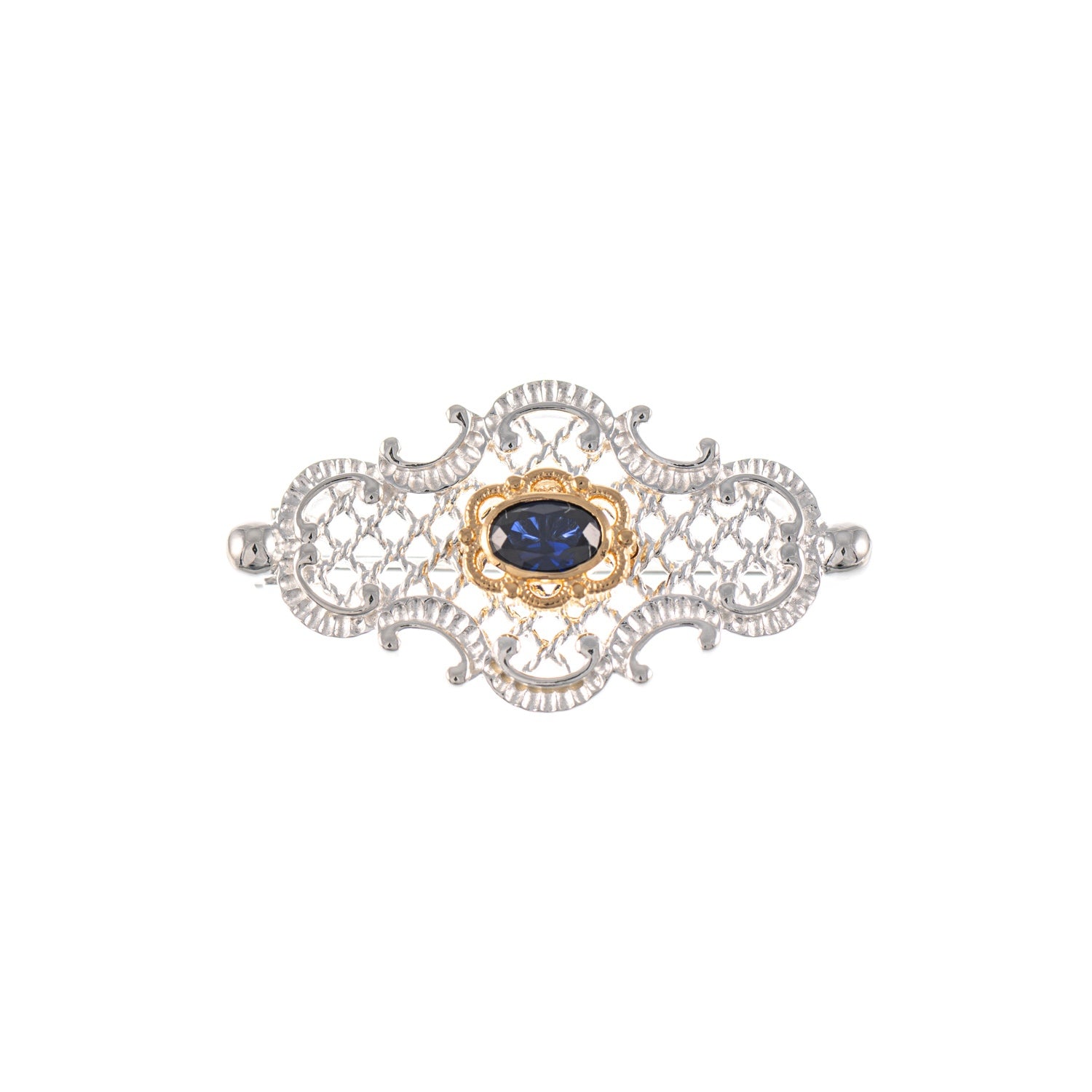 Brosche 925 Silber teilvergoldet Zirkonia blau