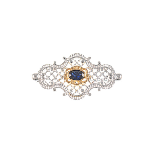 Brosche 925 Silber teilvergoldet Zirkonia blau