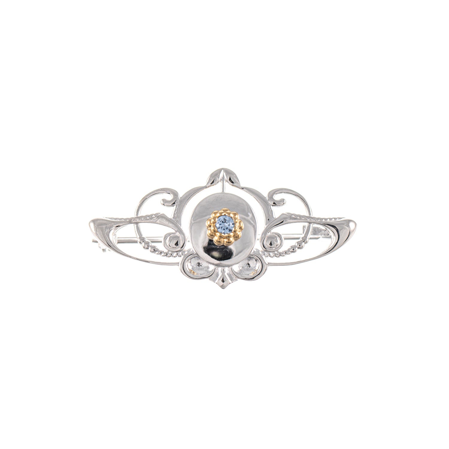 Brosche 925 Silber teilvergoldet Zirkonia hellblau