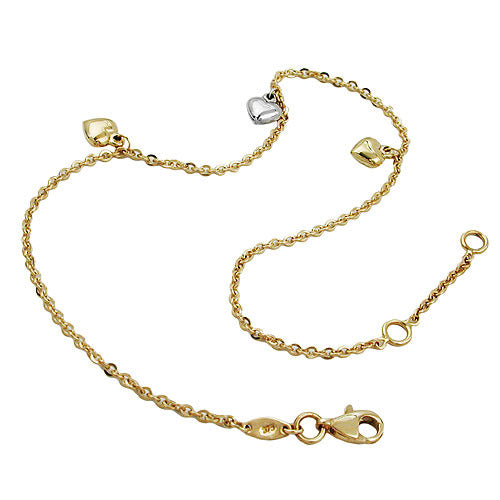 Fußkette Ankerkette mit 3 Herzen bicolor Gold 375
