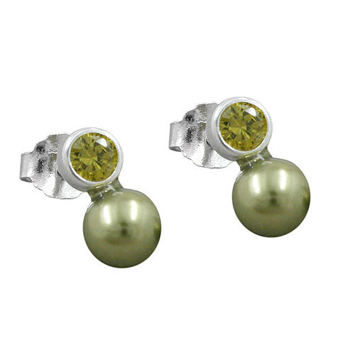 Ohrstecker Zirkonia oliv Perle Imitat 925