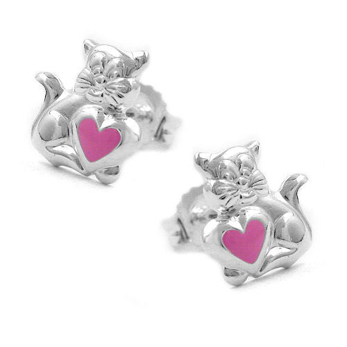 Ohrstecker Katze mit rosa Herz Silber 925